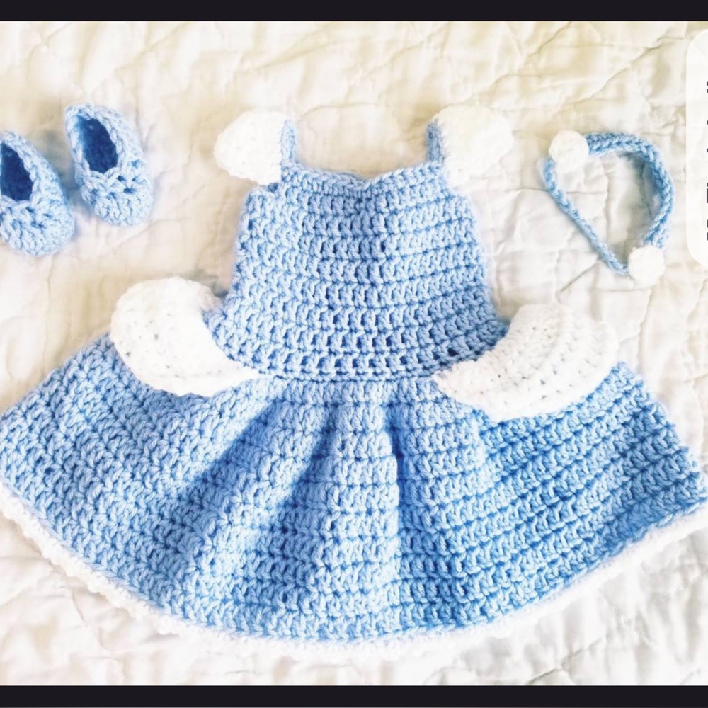 Handmade cinderella baby dress includes slippers and headband.